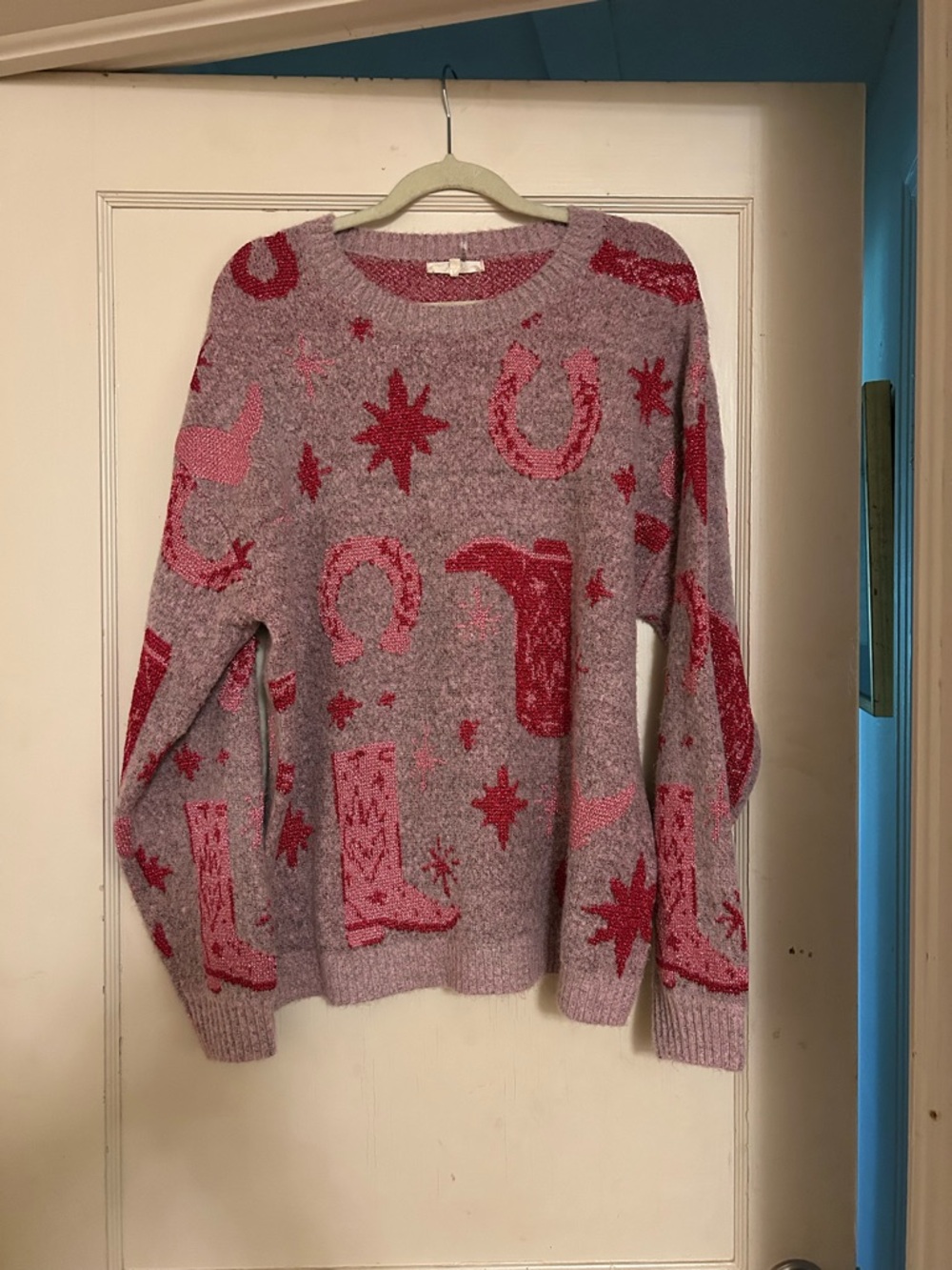 entro Pink & Red Western Motif Crewneck Sweater